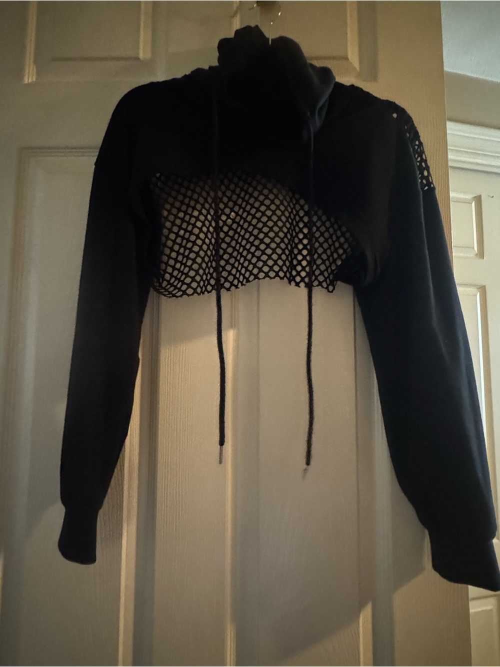 Black Cropped Mesh-Panel Hoodie - Women Tops